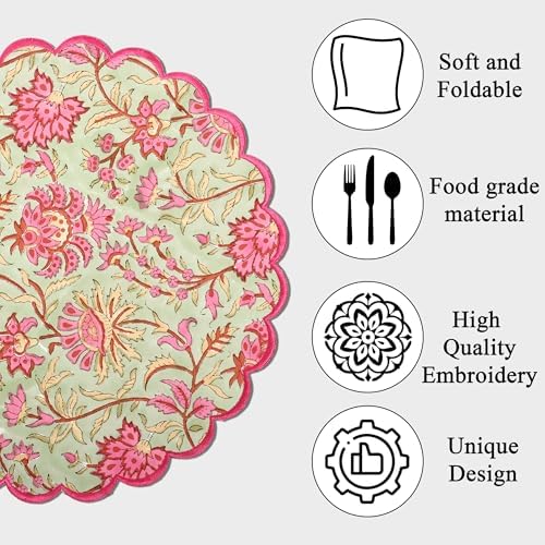 Ridhi Floral Block Print Round Placemats 15 Inch, Set of 4, Pistachio Green