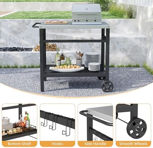 DDK Outdoor BBQ Prep Cart | 2-Tier Grill Table with Stainless Steel Top | Rolling Utility Cart for Patio, Pizza Oven, Grilling & Meal Prep