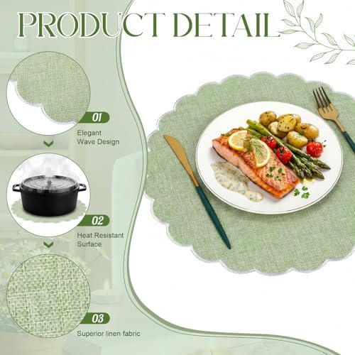 Set of 12 Sage Green Cotton Placemats 15" Round Scalloped White