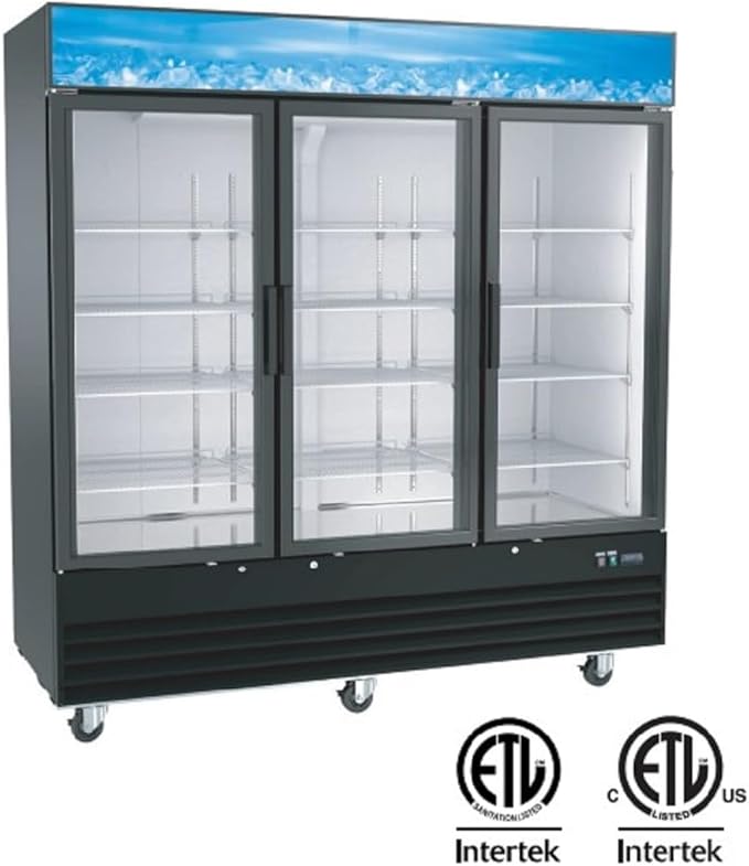 Kratos Commercial Three Door Merchandising Freezer, Large Glass Door Black Mobile Display Freezer for Markets and C Stores, 78" Wide, LED Lighting, 115V (67K-211)