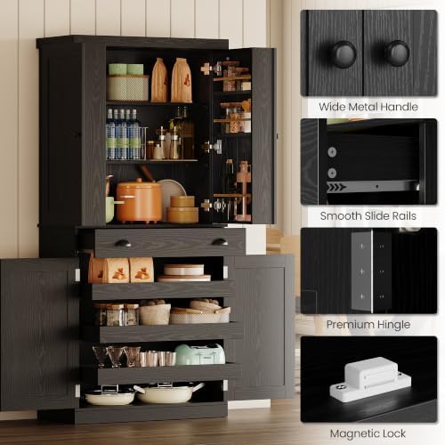 IRONCK 72" Kitchen Pantry Cabinet with Drawer and Sliding Racks, Black