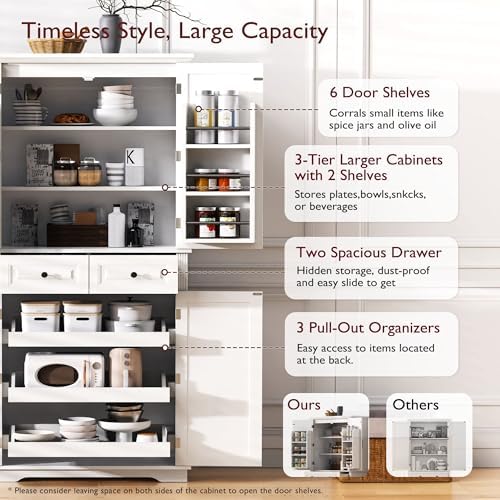 Merax 71" Tall Farmhouse Pantry Cabinet with Pull-Out Shelves, White