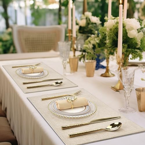 SLKQG Beige Faux Cotton Linen Placemats Set of 6, Heat Resistant Washable Double Layer Cloth Place Mats for Dining Table, Wrinkle Resistant Linen Textured Farmhouse Kitchen Decor（6，Beige）
