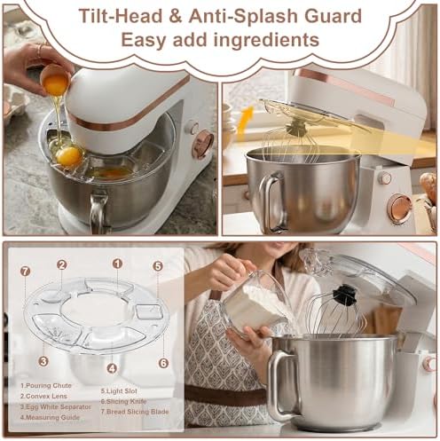6.5 Qt 10-Speed Tilt-Head Stand Mixer with Dough Hook, Whisk, Beater & Splash Guard, Electric Kitchen Mixer for Baking, Cakes, Bread, and Home Cooking (White)