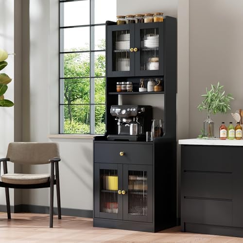 KEIKI 70.87" Tall Kitchen Pantry Storage Cabinet with Countertop, Glass Doors, Drawers, Microwave Stand and Shelves, Freestanding Wood Hutch Food Pantries Buffet Cupboard for Coffee Bar, Dining Room