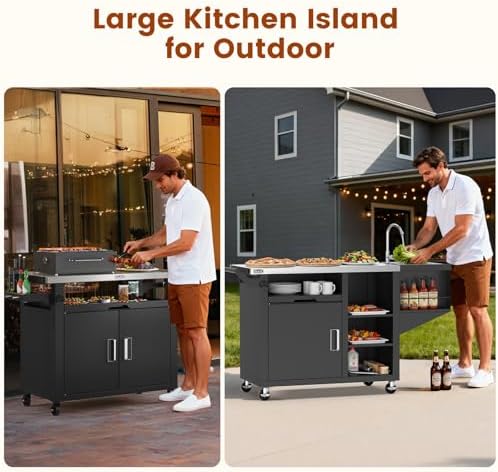 NUUK Outdoor Grill Cart on Wheel, Pizza Oven Table with Sink & Storage, 20"x42" Stainless Steel Prep Table Kitchen Island Cabinet for Backyard BBQ