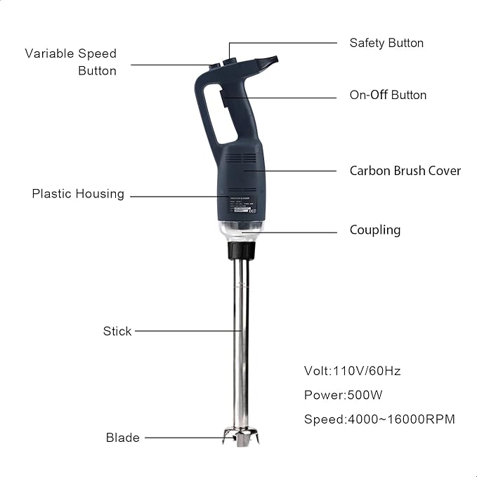 12 in Heavy Duty Immersion Blender Handheld Kitchen, Hand Blenders for Kitchen, Commercial Mixer Electric, 500W Detachable Shaft Adjustable Variable Speed, Emulsifier Blender Handheld