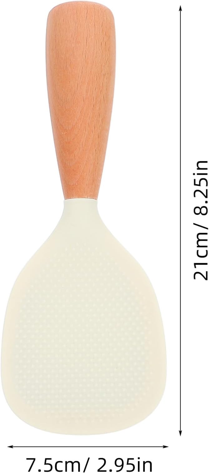 Heat Resistant Silicone Rice Paddle with Wooden Handle Non-Stick Self-Standing Rice Scoop for Cooker Ergonomic Anti-Slip Grip Kitchen Serving Spoon