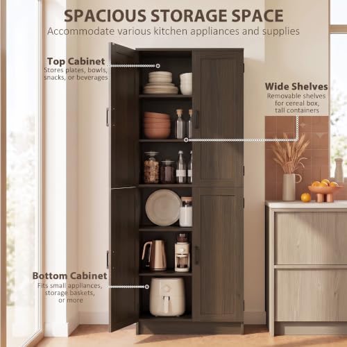 HOMCOM 67" Freestanding Kitchen Pantry 4-Door Cabinet Distressed Brown