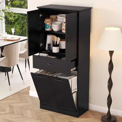 Merax 65.8" Pantry Cabinet with Two Doors & One Drawer & Two Laundry Hampers, Adjustable Shelves Storage Cupboard for Kitchen/Dining Room/Bathroom, Black