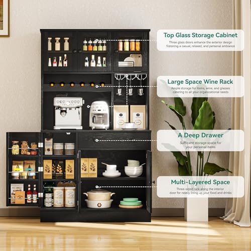 YITAHOME 71" Kitchen Pantry Cabinet with Wine Rack & Power Outlet, Black