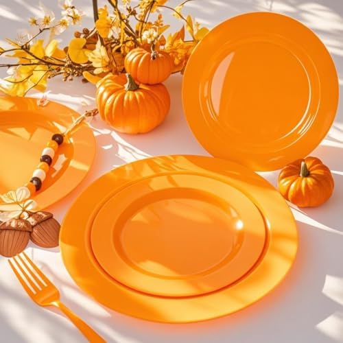 FLOWERCAT 60PCS Orange Plates - Heavy Duty Orange Plastic Plates Disposable for Fall Party & Halloween&Thanksgiving - Serve 30 Guests 10.25inch and 7.5inch