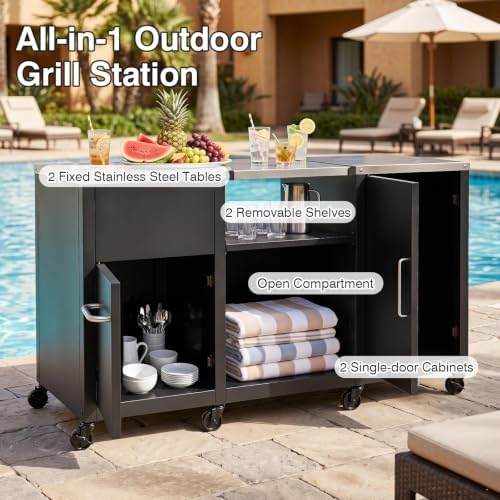 HAPPYGRILL 59” Outdoor Grill Table w/2 Removable Shelves & Storage Cabinets