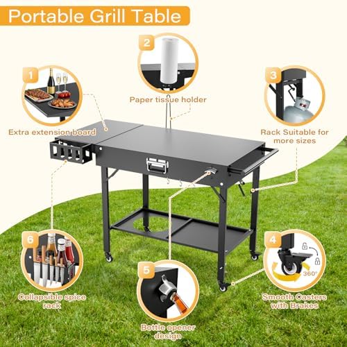 Baotree Grill Cart for Blackstone Griddle, Grill Cart Pizza Oven Stand, Foldable Cart Table with Wheels for Ninja, Cuisinart, Gozney, Solo Stove, BBQ Prep Tables Station, 45.3"x21.7"x28.3"