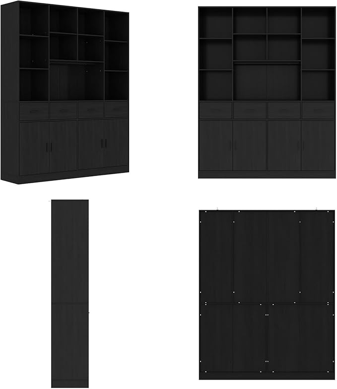 MOUMON Pantry Storage Cabinet with 4 Drawers & 4 Doors, Large Kitchen Pantry Cabinet with Shelves, Hutch Storage for Kitchen Living Room Hallway, Black, 15.7”D x 63”W x 78.7”H