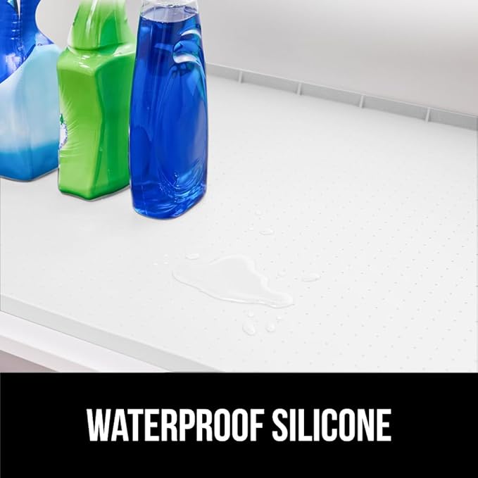 GORILLA GRIP Waterproof Silicone Under Sink Mat with Raised Lip for Kitchen and Bathroom, 46 x 22 in, Cabinet Shelf Liner Stay in Place Mats Dishwasher Safe Drawer Liner, Organizer Tray, White