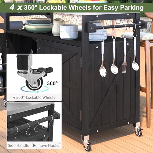 Merax 53.3" Outdoor Kitchen Island with Raised Shelf, Solid Wood Storage Cabinet with Stainless Steel Top, Rolling Grill Cart, Adjustable Shelf, Black
