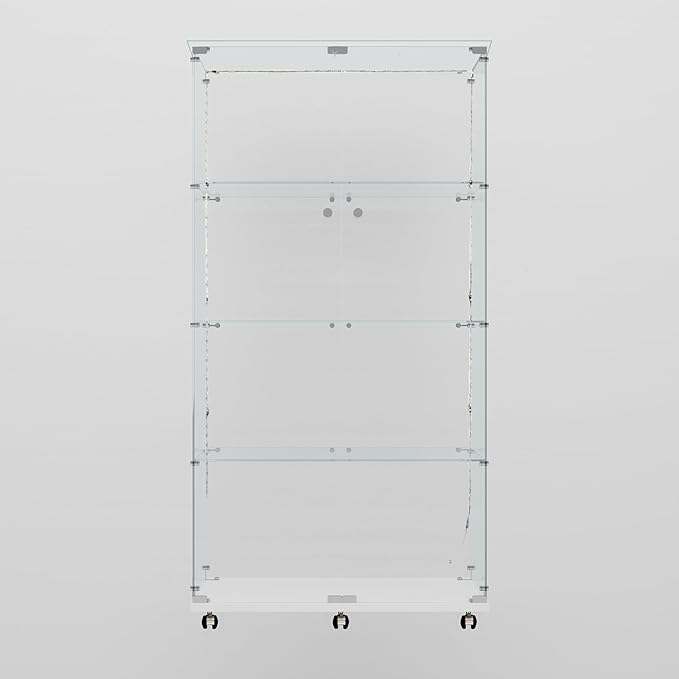 Glass Display Cabinet with LED Light Strip, 4 Shelves with 2 Doors, Glass Top Curio Storage Cabinets with Lock & Caster for Living Room,Floor Standing Bookshelf, Quick Installation - White