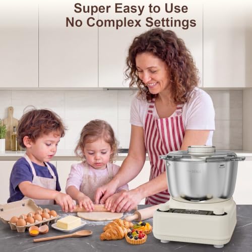 Electric Dough Maker with Ferment Function, 6.5QT Stand Dough Mixer, Dough Kneading Machine with 304 Stainless Steel Bowl, Removable Lid & Knob Control, Ideal for Bread, Pizza, Pasta - Almond Cream