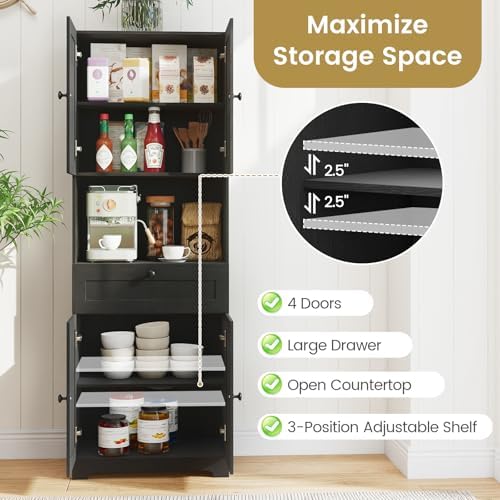 GIANTEX Kitchen Pantry Cabinet, 67.5" Tall Floor Storage Cabinet w/4 Doors & 1 Drawer, Modern Freestanding Bathroom Organizer w/Open Countertop & Adjustable Shelf for Dining Room, Living Room (Black)