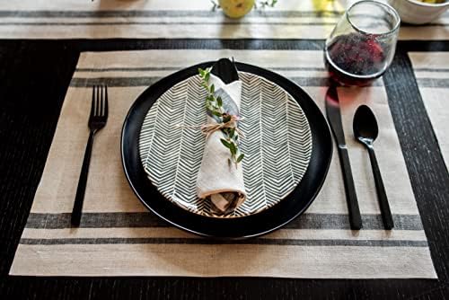 Solino Home 100% Pure Linen Placemats, 14 x 19 in, Black Striped, Set of 4