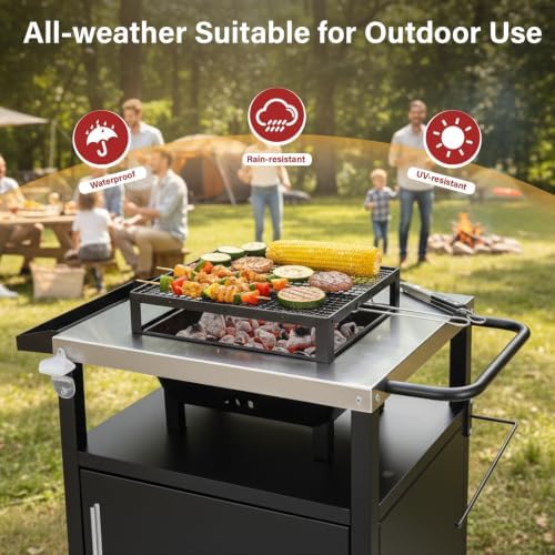 Outdoor Grill Table Cart with Storage Cabinet, Stainless Steel Outdoor Kitchen Island on Wheels, Mobile BBQ Prep Station with Bottle Opener, Seasoning Tray, Black
