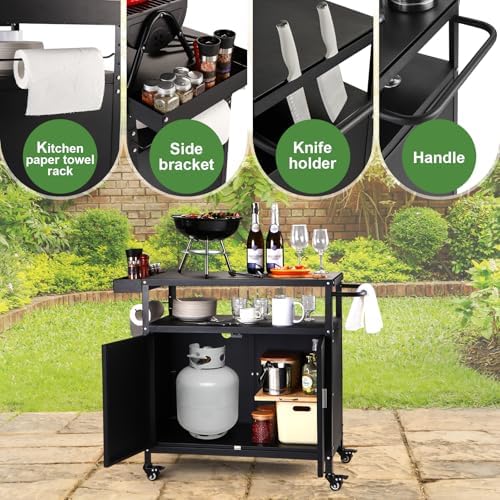 Outdoor Grill Cart with Storage Cabinet, Pizza Oven Stand Table with Wheels for Outside, Patio, Kitchen, Movable Outdoor Food Prep Table for Grill, BBQ