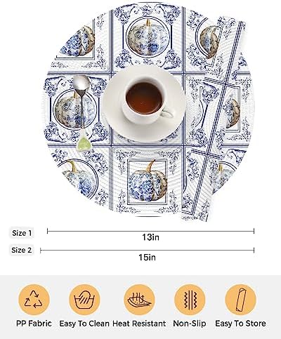 Fall Round Placemats Set of 4 Flower Pumpkin Thanksgiving Place Mats Washable Woven Placemat Blue Floral Circle Braided Table Mat for Kitchen Dining Table Holiday Party Autumn Decorations 13 Inch