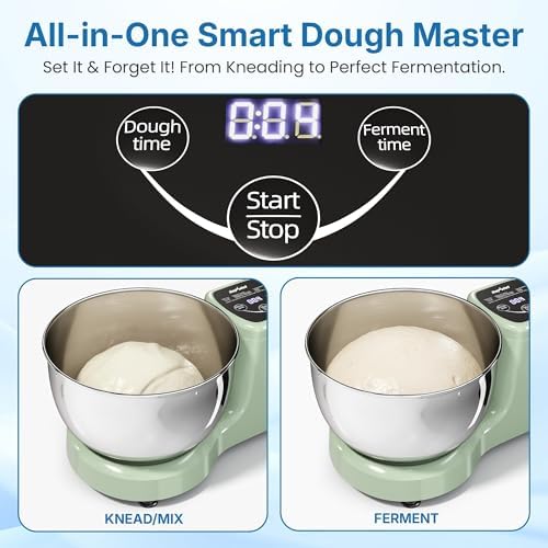 Electric Dough Mixer Maker, 5.3 QT Fermenting and Kneading Flour Mixer Machine with Stainless Steel Bowl & Time Control, Green Stand Mixer for Baking Bread Cake Pizza & Sourdough