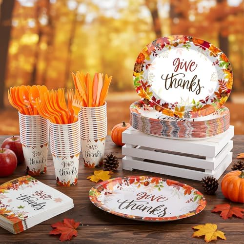 Pajean 350 Pcs Thanksgiving Oval Paper Plates Set with 12 Inch Maple Leaf