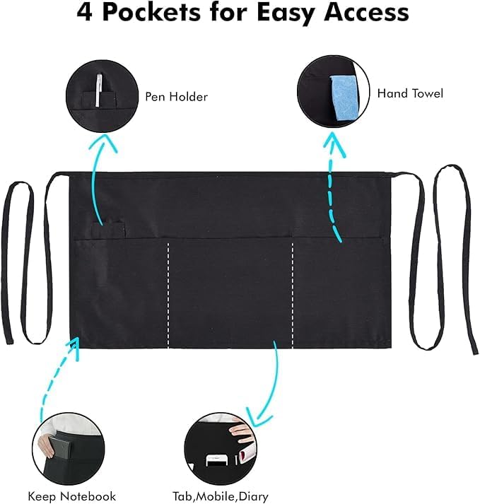 Dreamology Serving Apron for Waitresses,Waist Apron,Server Aprons with 3 Pockets,Short Waist Aprons For Women,Waitress Apron for Women and Men (2 Pack)