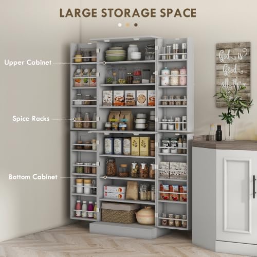 HOMCOM 65" Kitchen Pantry Storage Cabinet 16 Door Shelves Gray