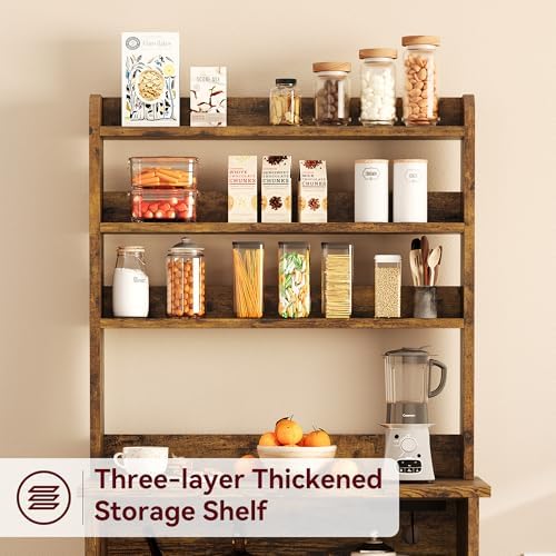 IDEALHOUSE Bakers Rack With Storage Cabinet, Microwave Stand With Power Outlets, Farmhouse Bakers Rack With Thick Table Top, Small Kitchen Pantry Hutch Bakers Rack for Kitchen, Dining Room,Retro Brown