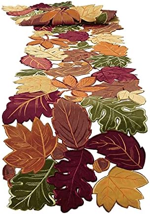 OWENIE Leaves Fall Table Runner, Fall Decor for Home, Thanksgiving Runner, 13 Inch x 70 Inch, Embroidered Harvest Maple Leaf Decoration for Autumn, Applique Dresser Scarf