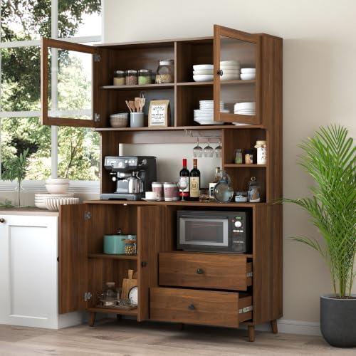 KEIKI 67" H Kitchen Pantry Storage Cabinet with Countertop, Glass Doors