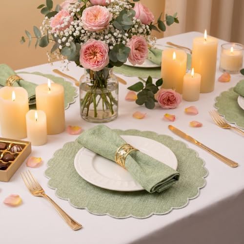 Set of 12 Sage Green Cotton Placemats 15" Round Scalloped White