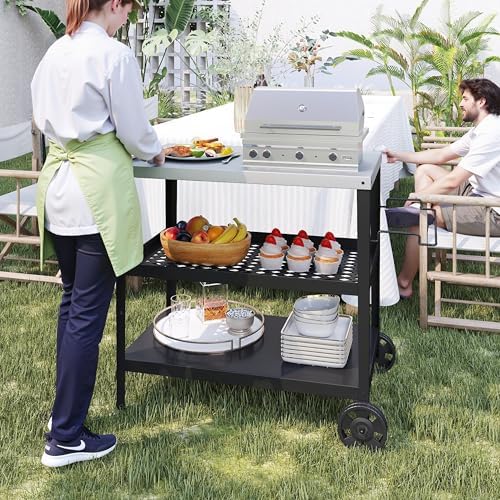 3-Shelf Pizza Oven Table with 34" x 20" Stainless Tabletop,Outdoor Grill Cart for Pizza Ovens & Griddles,Black