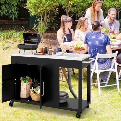Happygrill 56" Outdoor Grill Table with Sink, Drainage & Storage Cabinet