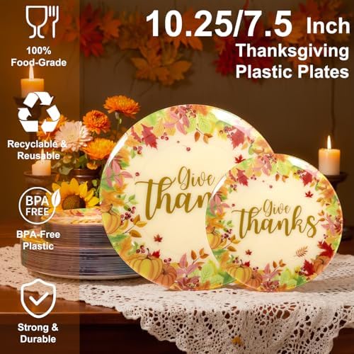 U-QE 50Pcs Thanksgiving Plastic Plates - Maple Leaves and Pumpkins Design