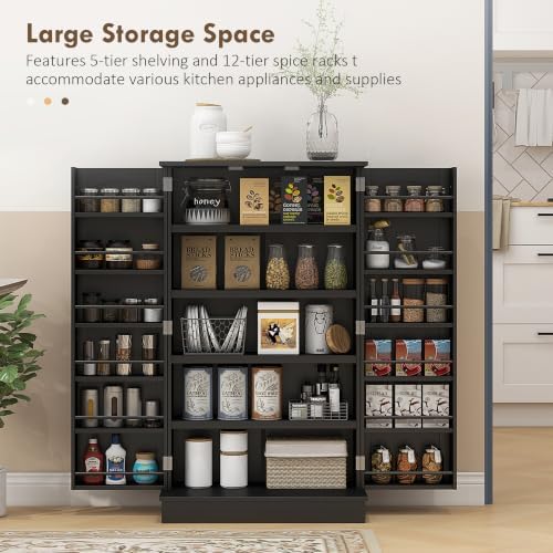 HOMCOM 41" Kitchen Pantry Storage Cabinet 12 Door Shelves Black