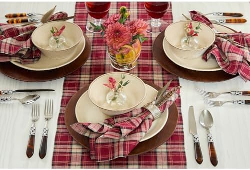 Solino Home 100% Pure Linen Table Runner Burgundy Tartan Plaid, 14 x 90 in