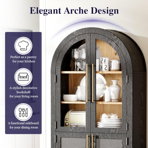 63" Tall Arched Cabinet with Glass Doors, Kitchen Pantry Storage Cabinet with Dust-Proof Rattan, 5-Tier Curio China Cabinet with Adjustable Shelves for Living Room Dining Room, Black