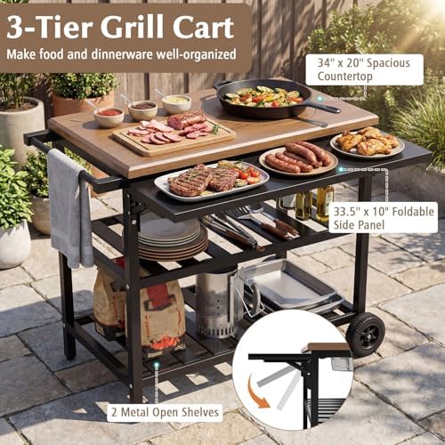 GIANTEX Outdoor Grill Cart with Korean BBQ Charcoal Grill, Dual Cooking Surfaces, Rolling Food Prep Table with Foldable Side Shelf, Storage Shelves, Wood-Look Top, for Patio, Party & Backyard Cooking