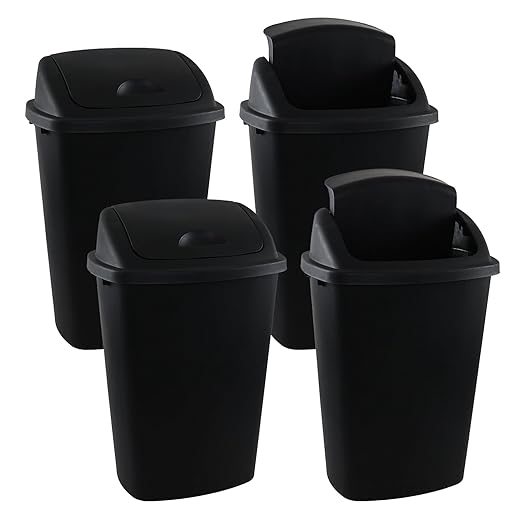 4 Packs Kitchen Trash Can 13 Gallon with Swing Lid, Plastic Tall Garbage Can, Large 50L Waste Bin for Home, Office, Garage, Restaraunt (Black)