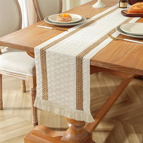 Niviy Boho Table Runners 36 Inches Long Summer Macrame Small Table Runner Cotton Linen Woven Table Runners for Pottery Barn Furniture Fall Dining Table Home Decor, Beige & Brown