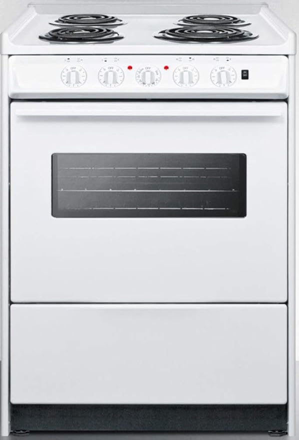 Summit WEM610RW 24"" Slide-In Electric Range with 4 Elements Waist High Broil Oven Racks Chrome Drip Pans Indicator Lights and Push-To-Turn Burner Knobs in White