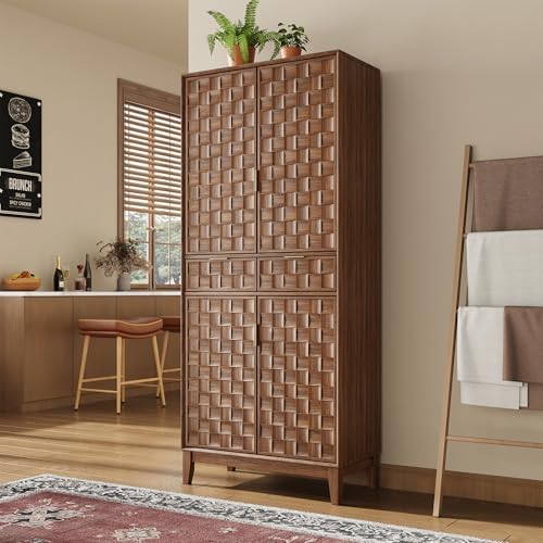 Pantry Cabinet, 71" Tall Pantry Cabinet,Modern Kitchen Cabinet with Doors, Drawers & Adjustable Shelves, Freestanding Food Pantry Cupboard with Side Rack for Kitchen Dining Room,Walnut