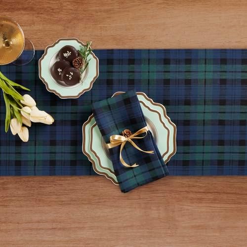 Solino Home 100% Pure Linen Table Runner, 14 x 120 in, Blue and Green Plaid