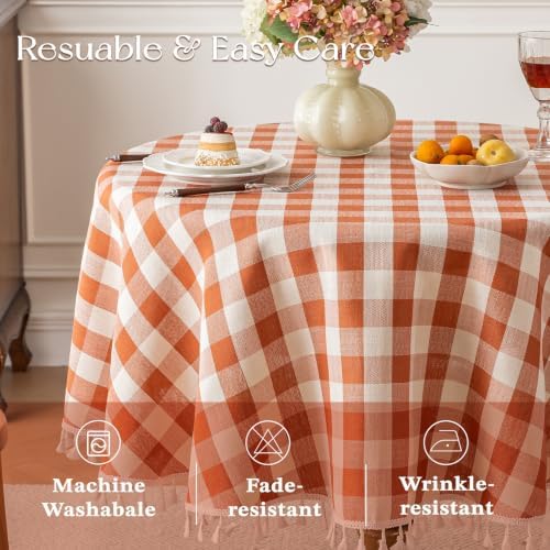 Alsoo Round Fall Gingham Tablecloth 60 inch, Orange Cotton Linen Style