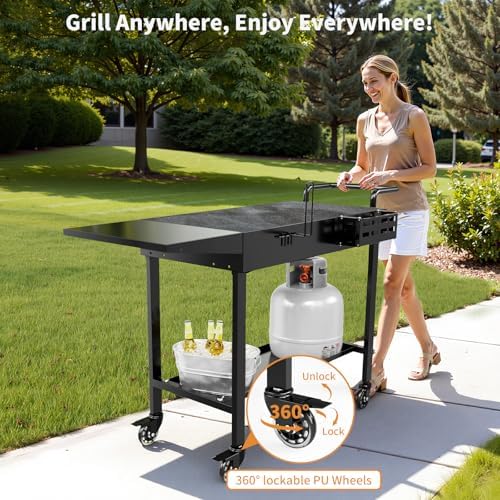 Portable Grill Cart for Blackstone Griddle, 440lb Foldable Outdoor Grill Table with Wheels for Ninja, 31" W x 17" D Blackstone Griddle Stand with Caddy Fit 17” or 22”, Black